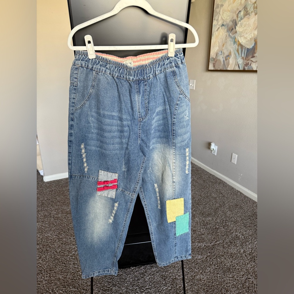 Patchwork Denim Jeans with Elastic Waist